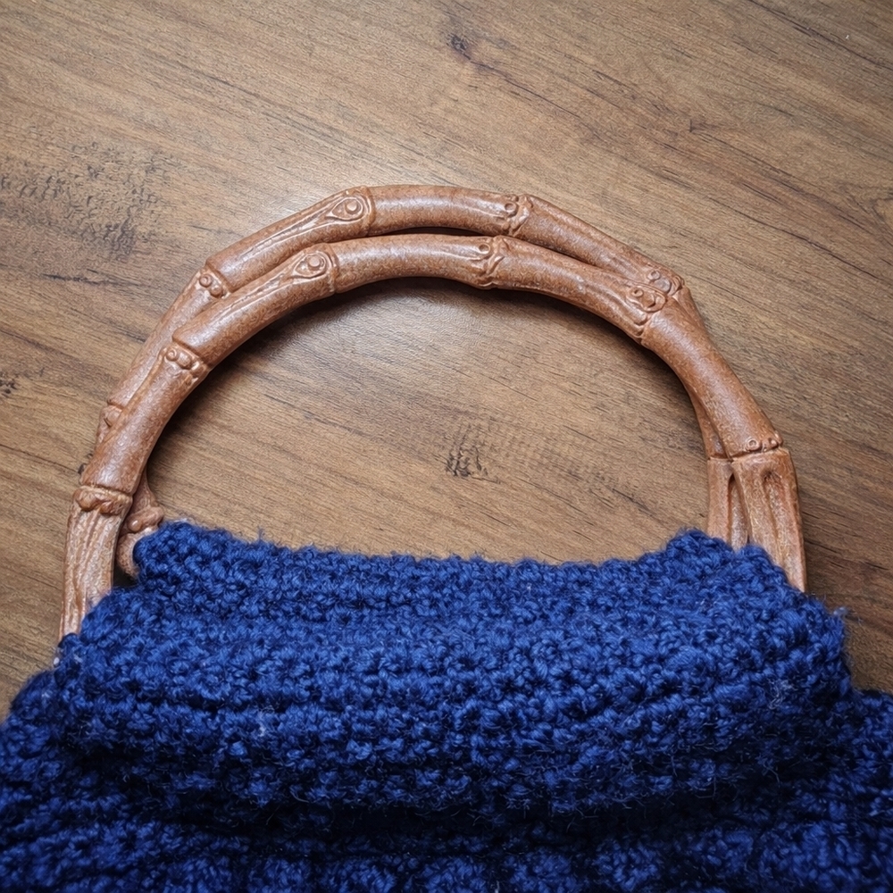 Handmade Navy Blue Crochet Bamboo Handle Purse Boho Vintage Style Handbag - Picture 5 of 6